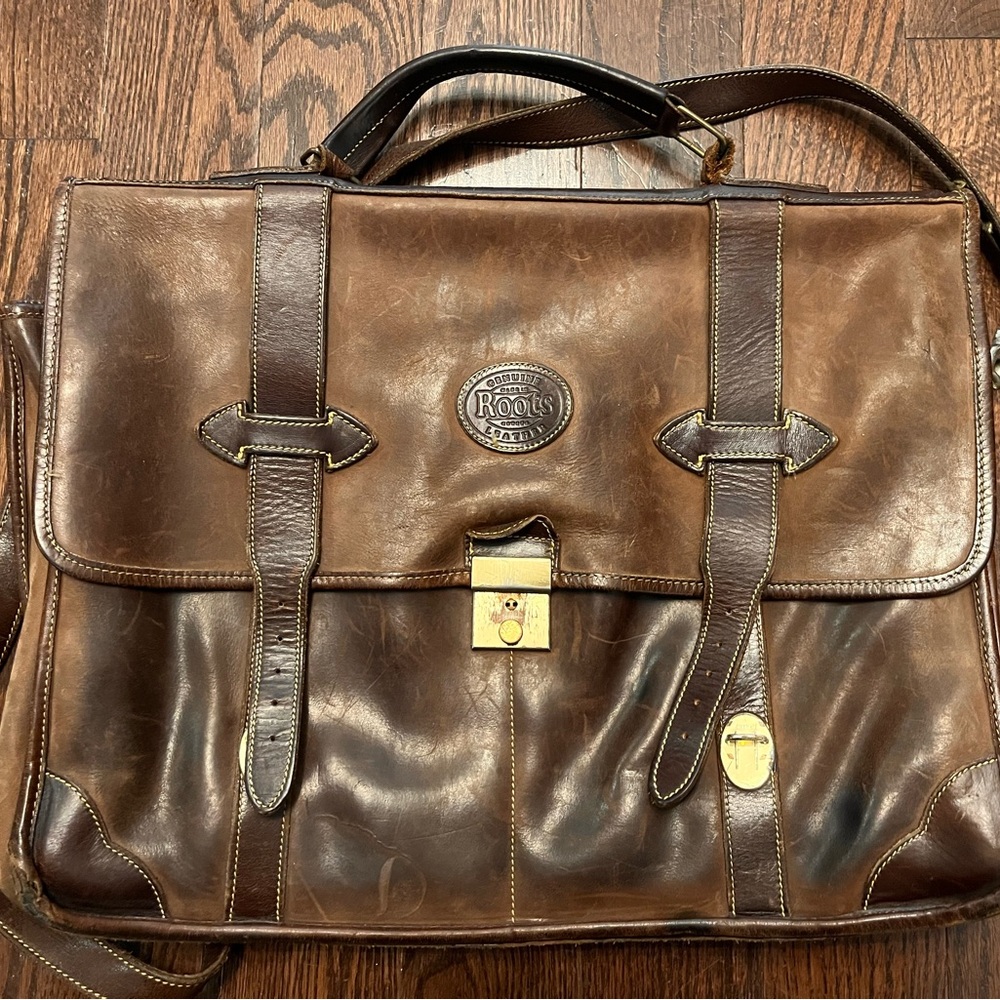 Roots Brown Leather Briefcase with Distressed Finish